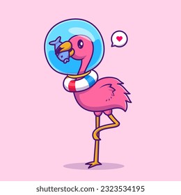 Cute Flamingo Astronaut Eating Fish Cartoon Vector Icon Illustration. Animal Science Icon Concept Isolated Premium Vector. Flat Cartoon Style