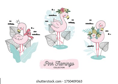 Cute flamingo baby with backdrop and scarf, blossom, pineapple, crown elements. Bird Stickers collection. Jungle animal cartoon character. Hand drawn kids card template design.