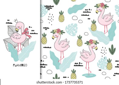 Hermosa princesa de bebé flamingo con personaje de caricatura de la corona. Tarjeta infantil y colección de patrones sin fisuras. Con bufanda de corona y piña. Color rosa pastel. Icono dibujado a mano e ilustración de diseño de superficie.