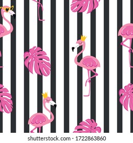 Cute flamingo background - funny vector character drawing seamless pattern. Lettering poster or t-shirt textile graphic design. / Cute flamingo character illustration. wallpaper, wrapping paper. 