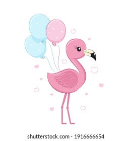 Cute flamingo with balloons. Vector illustration.