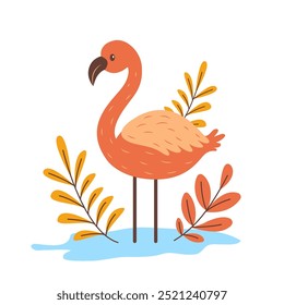 Cute Flamingo Bird Animal Character with Leaves Plants in the Park