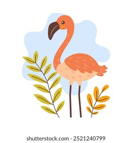 Personagem animal bonito Flamingo Bird com folhas Plantas no parque