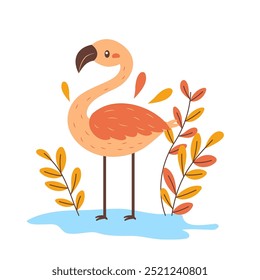 Cute Flamingo Bird Animal Character with Leaves Plants in the Park