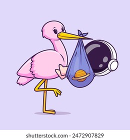 Nette Flamingo Vogel bringen Baby Astronaut Cartoon Vektorgrafik Icon Illustration. Wissenschaft Tier Icon Concept Isolated Premium Vektorgrafik. Flacher Zeichentrickstil