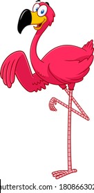 Cute Flamingo Bird Cartoon Character Waving. Vector Illustration Isolated On White Background