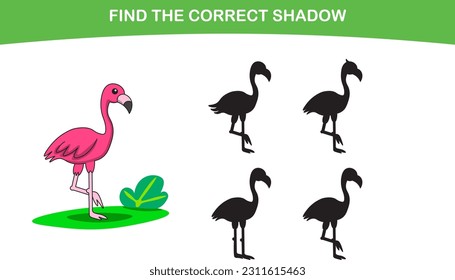 Cute flamingo bird. found the correct shadow. Kids Education games. Cartoon vector illustration