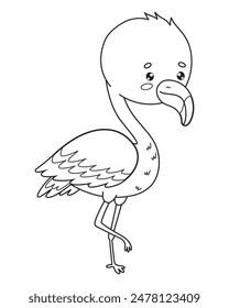 Cute flamingo bird. Outline cartoon kawaii animal character. Line drawing, coloring book. Vector illustration. Kids collection