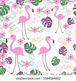 Cute flamingo bird seamless pattern with tropical leaves and flower. Vector illustration.