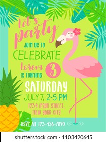 Cute flamingo with border of tropical fruit and leaf illustration for party invitation card template