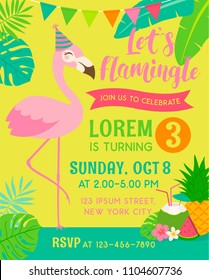 Cute flamingo with border of tropical fruit and leaf illustration for party invitation card template