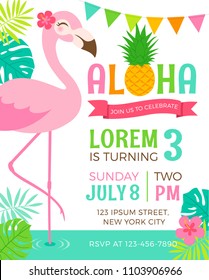 Cute Flamingo With Border Of Tropical Leaf Illustration For Party Invitation Card Template