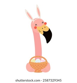 Cute flamingo with bunny ears, holding Easter eggs in basket character illustration. Hand drawn flat style design, isolated vector. Holiday clip art, kids print element, seasonal card, banner, poster