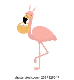 Cute flamingo with bunny ears, holding Easter eggs in basket character illustration. Hand drawn flat style design, isolated vector. Holiday clip art, kids print element, seasonal card, banner, poster