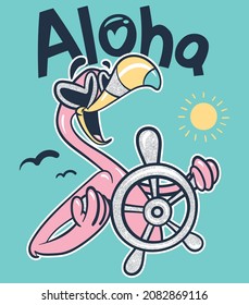 Cute flamingo captain with rudder