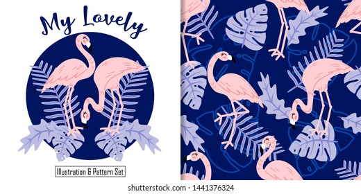 cute flamingo cartoon animal seamless pattern with illustration card set