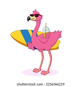 cute flamingo cartoon carrying a surfboard