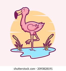 Cute Flamingo Cartoon Icon Illustration. Animal Flat Cartoon Style 