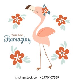 Cute flamingo character on white background. Dancing female pink flamingo in cartoon style. You are Flamazing. For kids birthday card, nursery wall art, poster, apparel, etc.