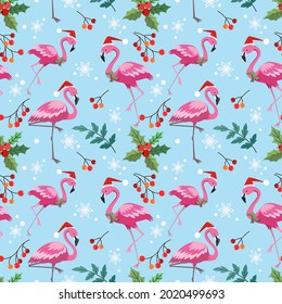 Cute flamingo with Christmas plant seamless pattern.