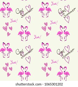 cute flamingo couple pattern with hearts white background