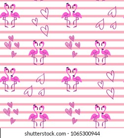cute flamingo couple pattern on pink stripes with hearts