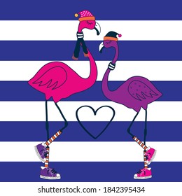 cute flamingo couple in winter hat, scarf and sneakers vector illustration