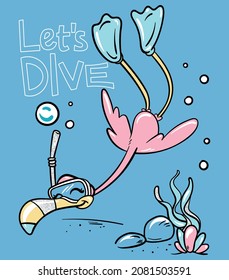 Cute flamingo diving with scuba fins and snorkel