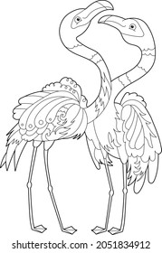 Cute flamingo. Doodle style, black and white background. Funny birds, coloring book pages. Hand drawn illustration in zentangle style for children and adults, tattoo.