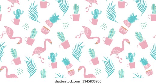 Cute flamingo drawing seamless pattern with cactus and exotic palm leaves
