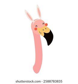 Cute flamingo face with Easter bunny ears character illustration. Hand drawn flat style design, isolated vector. Holiday clip art, seasonal card, banner, poster, kids print element