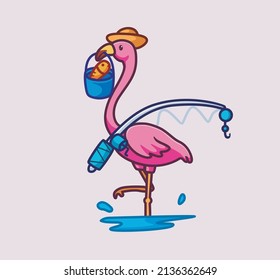 cute flamingo fishing with rod and got the fish. isolated cartoon animal nature illustration. Flat Style suitable for Sticker Icon Design Premium Logo vector. Mascot Character