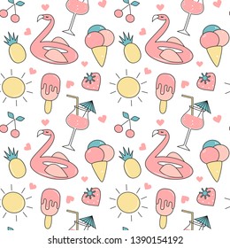 cute flamingo float seamless vector pattern background illustration with ice cream, drinks, strawberries, pineapple, cherries, sun and hearts