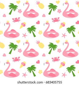 cute flamingo float seamless vector pattern background illustration with palm tree, ice cream, crab, pineapple, shell, starfish and flowers