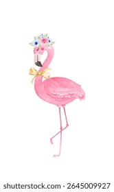 Cute flamingo with flower crown and bow tie ribbon, watercolor hand drawn illustration
