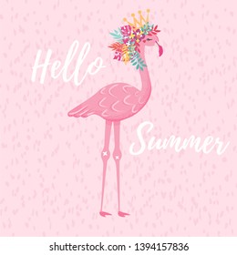 Cute flamingo with flower vector illustration, summer print design, children print on t-shirt with phrase hello summer