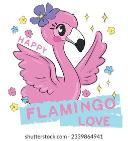 Cute flamingo with flower, vector illustration, summer print design, children print on t-shirt
