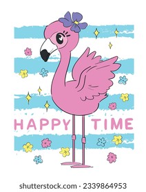 Cute flamingo with flower, vector illustration, summer print design, children print on t-shirt