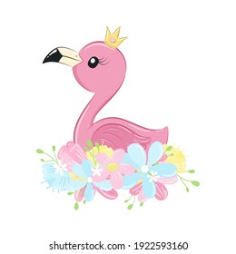 Cute flamingo with flowers ang crown. Vector illustration.