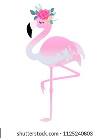 Cute flamingo with flowers. Beautiful vector illustration for birthday cards, party invitations, poster and postcard.