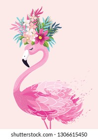 Cute flamingo with flowers hand drawn illustration for kids fashion artworks, greeting cards.