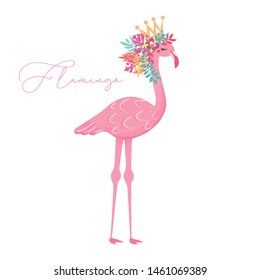 Cute flamingo with flowers hand drawn illustration for kids fashion artworks, greeting cards
