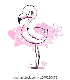 Cute flamingo with flowers and heart, vector illustration, summer print design, children print on t-shirt