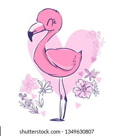 Cute flamingo with flowers and heart, vector illustration, summer print design, children print on t-shirt