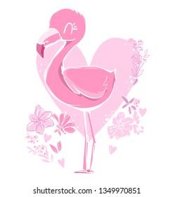 Cute flamingo with flowers and heart, vector illustration, summer print design, children print on t-shirt