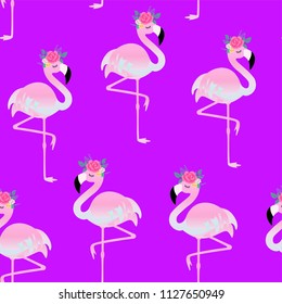 Cute flamingo with flowers. Vector seamless texture.