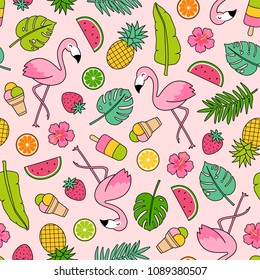 Cute flamingo, fruits, dessert and leaf seamless pattern with pink background. Tropical summer illustration design.