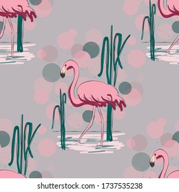Cute flamingo, fruits, dessert and leaf seamless pattern with pink background. Tropical summer illustration design.