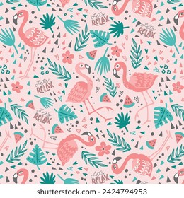 Cute flamingo, fruits, dessert and leaf seamless pattern with pink background. Tropical summer illustration design.