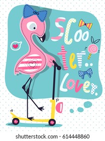 Cute flamingo girl cartoon on scooter with text "scooter lover" on polka dot background illustration vector.